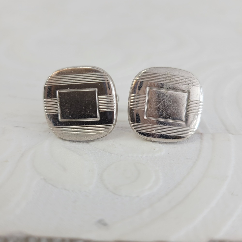Vintage Anson‎ Silver Tone Engine Turned Square Cufflinks Mid Century Modern
